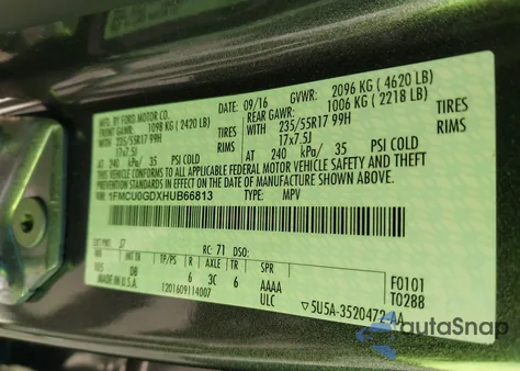 2017 Ford Escape Se z USA, uszkodzony, nr VIN 1FMCU0GDXHUB66813